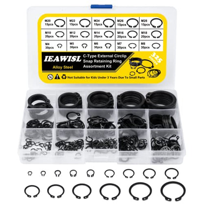 Snap Ring Set, 325Pcs Alloy Steel External Retaining Ring 15 Sizes C-Clips, Circlip Set for Axles, Shafts, and Other Moving Parts - color: Black, size: 325 pcs