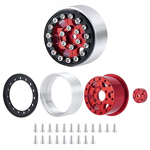 4Pcs 1.0" Micro Beadlock Wheels RC Crawler Wheels, Red+Black | For 1/24 Axial SCX24 Bronco Deadbolt C10, RC Crawler Car