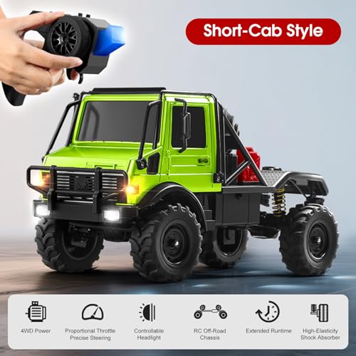 RC Semi Truck, 1:18 Scale RC Crawler, MN-333 Remote Control Car, 2.4GHz 4WD All Terrain Off Road RC Truck Transport Vehicle with LED Lights and 2 Batteries for Adults (Green) - color: Green