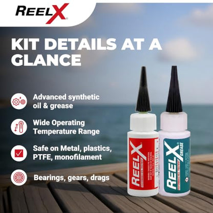 ReelX Fishin' Kit Combo, Marine-Grade Corrosion-Resistant Reel Oil and Grease Set with Precision Applicators for Bearings, Spinning, Baitcasting, Spincast, Fly, Trolling and Electric Reels, 1 oz Each | Corrosion-Resistant, Precision Applicators for Bearin