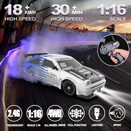 RC Drift Car Remote Control Car 2.4ghz 1/16 Scale 4WD High Speed RC Cars Vehicle with LED Lights Two Batteries and Drifting Tire Racing Sport Toy for Adults Boys Girls Kids Gift - color: G-blue-1