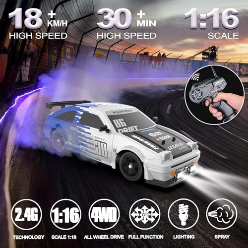 RC Drift Car Remote Control Car 2.4ghz 1/16 Scale 4WD High Speed RC Cars Vehicle with LED Lights Two Batteries and Drifting Tire Racing Sport Toy for Adults Boys Girls Kids Gift - color: G-blue-1