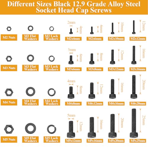 2180 Pieces Black M2 M3 M4 M5 Hex Socket Head Cap Screws Nuts Washers Assortment Kit, Metric Screw Assortment with Hex Wrenches, 12.9 Grade Alloy Steel, Fully Threaded - size: M2/M3/M4/M5, style: Socket Head