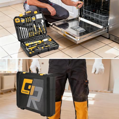 GRENPRO 219PCS Basic Home Auto Mechanic Hand Tool Kit with Storage Tool Box | Portable Tool Box, CR-V Steel, Complete Kit, Anti-Drop Slots, Household DIY, Auto Motorcycle, Home Garage For Men & Women - style: Yellow Hand Tool Set 219PC