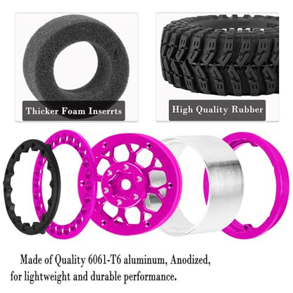 RC 1.3 Beadlock Wheel Tires Set (4PCS) for 1/24 SCX24 1/18 TRX4M RC Crawler Car,Aluminum 1.3 Beadlock Wheels and Tires,Wheel Rim,Pink - color: Pink- (Rc WheelsTires)