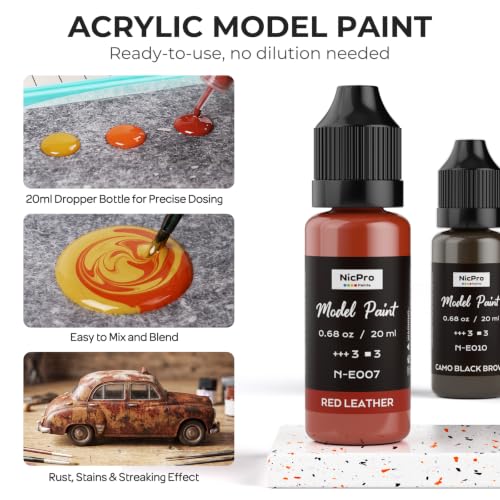 Nicpro 10 Colors Rust & Weathering Model Paint Set, 20ml | Modeling Acrylic Paints, Brush & Airbrush Compatible Miniature Paint for Model, Vehicle, Terrain & 3D Prints, with 1 Thinner - style: Rust & Weathering