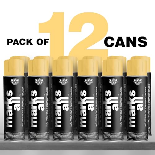 Fox Valley 18oz Marks All Solvent-Based Marking Paint Spray, 12-Pack Yellow APWA – Long-Lasting, Weather-Resistant Spray Paint for Wet or Dry Surfaces Like Metal, Grass, Concrete, Wood, & More - color: Yellow APWA