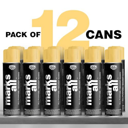 Fox Valley 18oz Marks All Solvent-Based Marking Paint Spray, 12-Pack Yellow APWA – Long-Lasting, Weather-Resistant Spray Paint for Wet or Dry Surfaces Like Metal, Grass, Concrete, Wood, & More - color: Yellow APWA