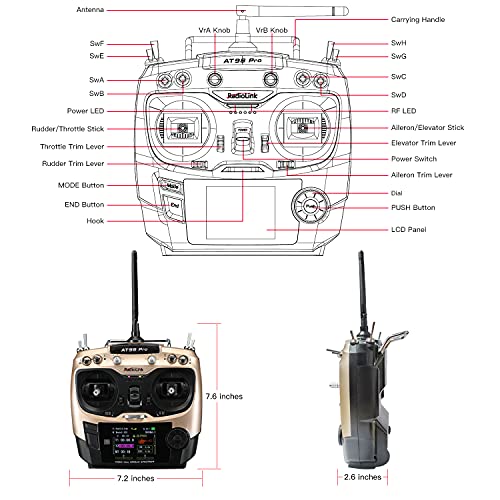 Radiolink AT9S Pro 10/12 Channels RC Transmitter and Receiver R9DS Grey | Long Range RC Remote Radio Controller for RC Airplane, FPV GPS Drone, Car, Boat and More Mode 2 - color: Champagne Gold