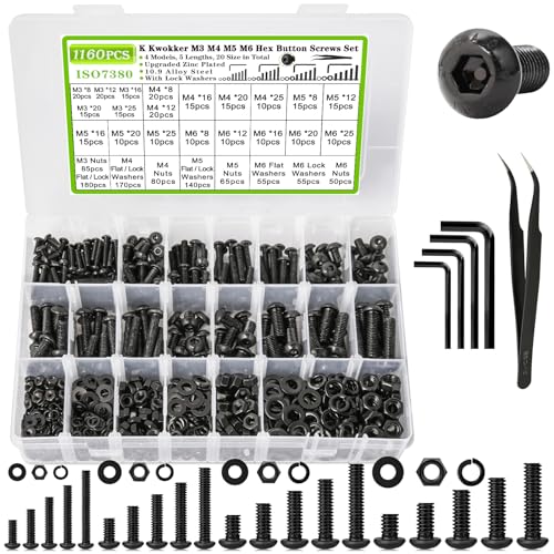1160Pcs M3 M4 M5 M6 Nuts and Bolts Assortment Kit 20 Size 8MM to 25MM Upgraded Zinc Plated Hex Button Head Cap Metric Machine Screws, 12.9 Alloy Steel Bolts and Nuts Kit with Lock Washers - size: E. M3 M4 M5 M6