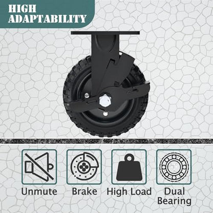 6 Inch Rigid Heavy Duty Caster Wheel with Brake, Set of 2 | All-Terrain, Alloy Bracket, 850 Lbs Capacity, Solid Rubber Tires, Flat Free, for Carts, Workbench, Warehouse, DIY Tools - size: 6 Inch