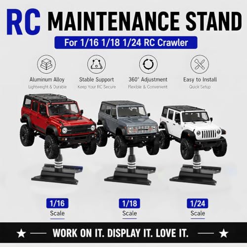 RC Car Repair Stand for 1/18 1/24 RC Cars, Aluminum Rotating Lift | Aluminum alloy, 360 degree rotating lift with magnetic pad, scale ruler, shock holes and anti-slip feet - color: Black