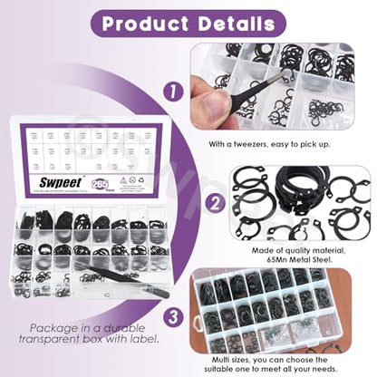 Swpeet 266Pcs 21 Sizes M4-M28mm Alloy Steel External Circlip Snap Retaining Clip Rings C-Clips with Tweezers Assortment Kit, Circlip Retainer Rings Set for Axles, Shafts and Other Moving Parts - style: Manganese Steel C-Cip