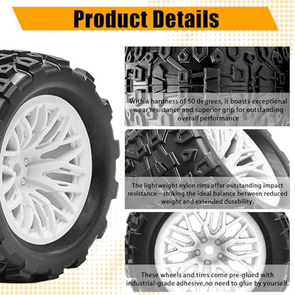 Pre-Glued 1/16 & 1/18 RC Monster Truck Rubber Tire & Nylon Wheel - 12mm Hex | Rubber Tires with Foam Fits for ARRMA 1/18 Granite/Typhon Grom, WLtoys A949, MJX Hyper Go H16 (4PCS, White) - color: White