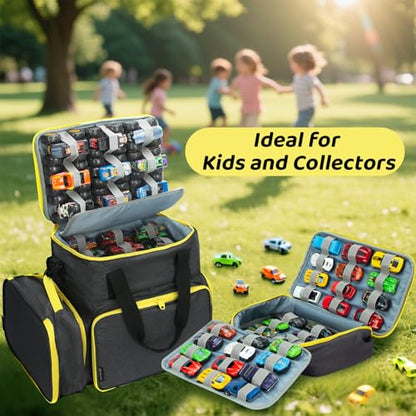 Tote Toy Cars Storage Bag with Inner Pouches – Holds 96 Cars and 24 Monster Trucks, Toy Cars Organizer Storage for Matchbox, Monster Trucks (Yellow)