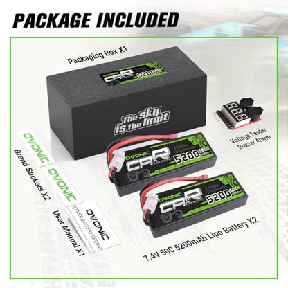 OVONIC 2s Lipo Battery 50C 5200mAh 7.4V Lipo Battery with Dean-Style T Connector for Car Truck Boat Vehicles (2 Packs)(with Lipo Voltage Checker)