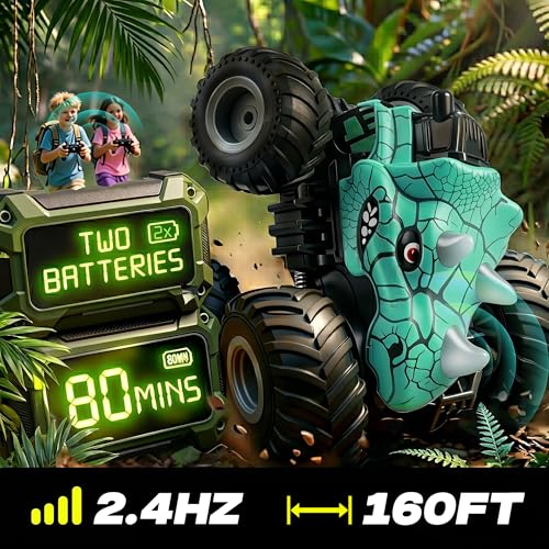 BEZGAR Monster Truck Toys, RC Cars with Mist Spray & Light, Two Batteries | Cyan Dinosaur Toys, 360° Stunt Spins RC Truck with Music, 4WD Remote Control Car for Boys 4-7, 40+ Mins Battery Life - color: Cyan