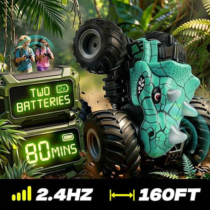 BEZGAR Monster Truck Toys, RC Cars with Mist Spray & Light, Two Batteries | Cyan Dinosaur Toys, 360° Stunt Spins RC Truck with Music, 4WD Remote Control Car for Boys 4-7, 40+ Mins Battery Life - color: Cyan