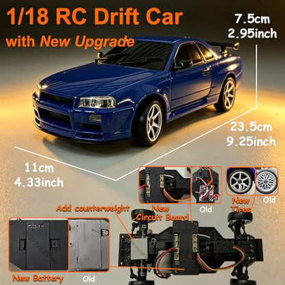 LDRC LD1899 RC Drift Car 1/18 RWD with 3 Batteries (Blue) - color: Gtr R34 Blue With 3 Batteries