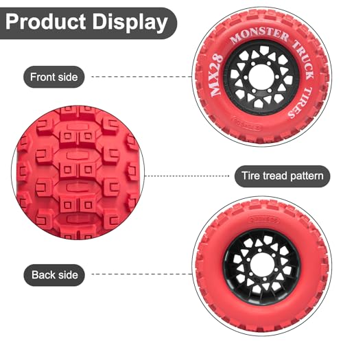 LRFHL MX28 F/R 2.8" RC Monster Truck Tires and Wheels 4PCS, Red | 12mm/14mm Hex Adapter, 1/10 RC Monster Truck, Compatible with Traxxas Stampede Rustler Redcat Arrma Vorteks Big Rock Granite - color: Red Tires+ Black Wheel-5