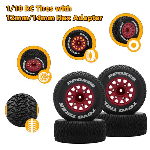 12mm/14mm/17mm Hex RC Wheels and Tires RC Truck Tires 1/10 Scale Tyres Detachable Replacement RC Car Tires for Arrma Senton Tires Slash Tires Axial Redcat Rc4wd Hex Fury (Red) - color: Red