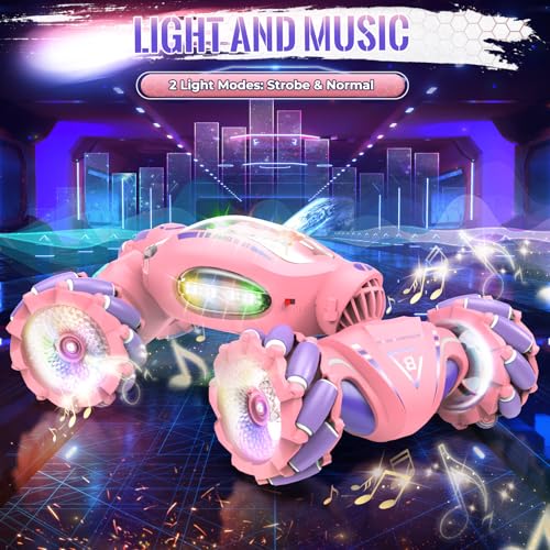 Fosgoit Pink Remote Control Car Toys Gifts for Girls 6-12 | with Light & Music & Spray, 2.4Ghz 4WD Double-Sided 360° Rotating Gesture Sensing RC Stunt Car, Birthday for Girls Kids - color: Pink