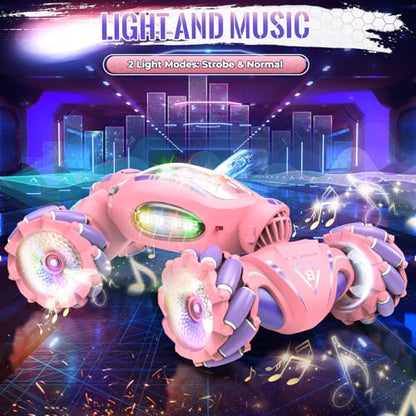 Fosgoit Pink Remote Control Car Toys Gifts for Girls 6-12 | with Light & Music & Spray, 2.4Ghz 4WD Double-Sided 360° Rotating Gesture Sensing RC Stunt Car, Birthday for Girls Kids - color: Pink
