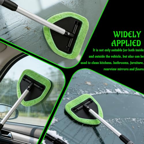 Windshield Cleaner Tool, Windshield Cleaning Tool, Car Window Cleaner with 4 Reusable and Washable Microfiber Pads and Extendable Handle, Auto Inside Glass Wiper Kit for Auto Glass Cleaning
