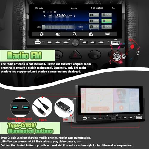 Single Din Radio Car Stereo with Wireless CarPlay & Android Auto | 6.86" IPS Touch Screen, Backup Camera, External Microphone, Bluetooth, SWC, FM, USB, RGB Button Backlighting