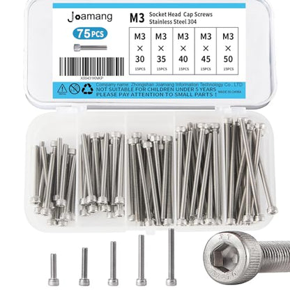 M3 x 30mm 35mm 40mm 45mm 50mm Socket Head Cap Screws Bolts, Stainless Steel 304, Metric Allen Hex Drive, Bright Finish, Fully Threaded, Assortment Kit 75PCS - size: Socket M3x30-50 mm