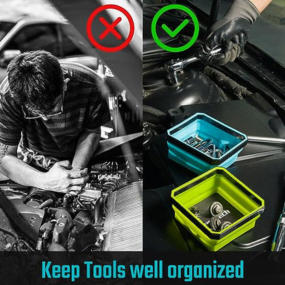 DURATECH 3-Pack Magnetic Foldable Parts Tray Set, Silicone Tool Tray Set | Collapsible Tool Set with Double-Sided Magnetic Base for Organizing Screw Bolts Nuts Washers Pins and Other Small Metal Parts