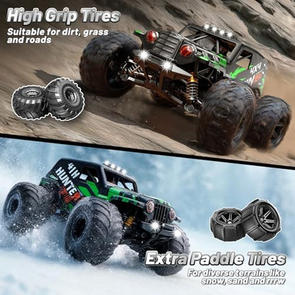 RC Cars 1:14 Scale 4WD Off-Road Monster Truck Rc, 40+ KM/H 4X4 Waterproof ESC Remote Control Car with Dual 7.4V 1300mAh Batteries, Extra Paddle Tires & Full Roll-Cage Frame for Adults & Boys
