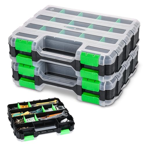 Tool Box with Transparent Lid, 2 Pack Hardware Organizer Box | Double Side 34 Compartments Hardware Organizers with Removable Plastic Dividers for Screws Nuts Nails, Small Parts Box - color: Green