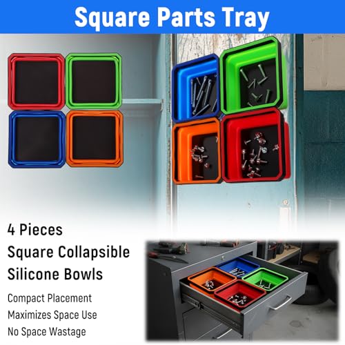 4 Pcs Foldable Magnetic Parts Tray, 4.25 Inch Square Foldable Silicone Tool Organizer with Dual-Sided Magnetic Base, for Screws, Bolts, Nuts, and Small Metal Parts Storage In 4 Colors