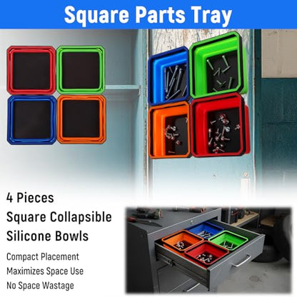 4 Pcs Foldable Magnetic Parts Tray, 4.25 Inch Square Foldable Silicone Tool Organizer with Dual-Sided Magnetic Base, for Screws, Bolts, Nuts, and Small Metal Parts Storage In 4 Colors