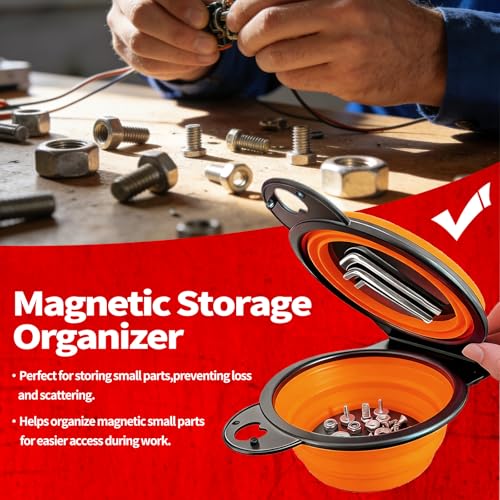 Collapsible Magnetic Parts Tray Set, Foldable Magnetic Trays, Integrated 5.1" Round Dual Silicone Bowls, Multi-Use Nuts And Bolts Organizer, Bonus Hanging Hook for On-the-Go Carry(Orange)