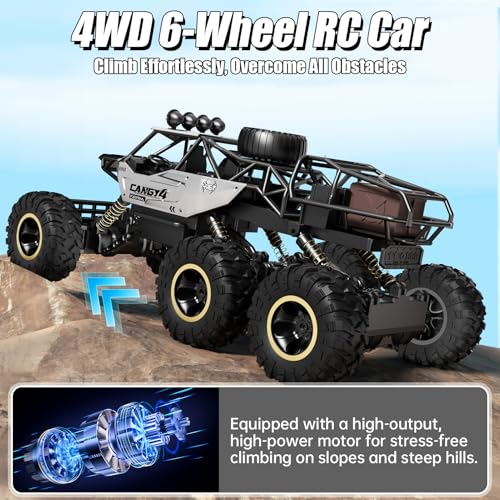RC Cars, Remote Control Monster Truck - Rock Crawler RC Truck with 2 Rechargeable Batteries, Metal Body, Large Size & LED Headlights, Boy Toys for Kids Ages 4-7 8-12 Birthday Gifts - color: 6 Wheels Silver