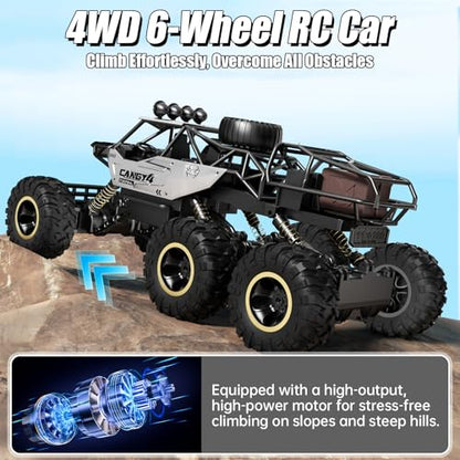RC Cars, Remote Control Monster Truck - Rock Crawler RC Truck with 2 Rechargeable Batteries, Metal Body, Large Size & LED Headlights, Boy Toys for Kids Ages 4-7 8-12 Birthday Gifts - color: 6 Wheels Silver