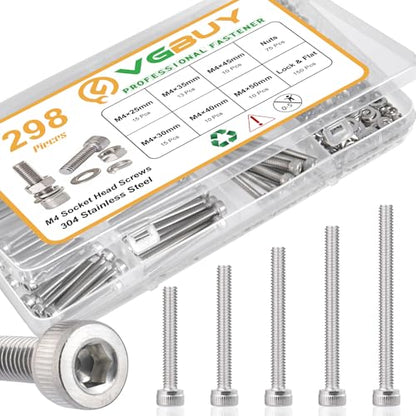 VGBUY 298pcs M4 Screws Assortment, M4 Screws Bolts for 3D Printer DIY, Hex Socket Head Cap Screw Bolts Nuts Washer Kit, 304 Stainless Steel, 25/30/35/40/45/50mm - size: M4x25/30/35/40/45/50mm, style: Socket Head