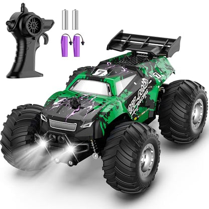All-Terrain Remote Control Car for Boys 8-12 Headlight (Green) | Monster Remote Control Truck Rechargeable, 2 Motors 10KM/H 2.4GHZ Speed-friendly, Sturdy RC Cars for Christmas Beginner Kids - color: Green