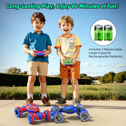 VisionX Unique 2.4GHz 4WD 360° Rotating Gesture Sensing RC Stunt Cars for Boys and Girls Ages 6-12, Double‑Sided Driving RC Drift Car, Birthday and Christmas Cool Car Toys Gifts for Kids, 2 Batteries - color: Vibrant Blue