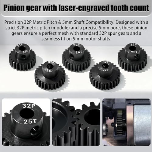 5Pcs 32P Hardened Steel Pinion Gear Set 5mm Shaft 23T 24T 25T 26T 27T Motor Pinion Gear with M4 Screw and Hex Key, for Arrma HPI Kyosho Losi Axial Traxxas Tamiya 1/10 RC Car and 540/550 Motors - size: 32P-HSP-5mm-23-27T