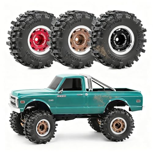 0.7” Wheel & Mud Terrain Tire Set for 1/30 RC Crawler, -1.00mm Offset, Axial SCX30 & Redcat Ascent-32, CNC Aluminum Rims, 5mm Hex, Shims Screwdriver Included, Pre-Assembled, 4 pcs, Black - color: Black, size: Loose-dirt-mud-bite