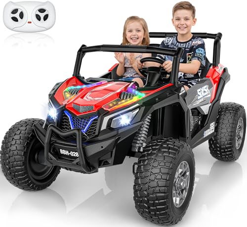2 Seater Ride On Car for Kids 3-14, XXXL 4WD 24V Ride on Toys for Big Kids w/Max 5.5Mph & 220 lbs Load, 15" EVA All-Terrain Tires, Adjustable Seats, Remote Control, LED Lights, Shock Absorbers (Red) - color: Red