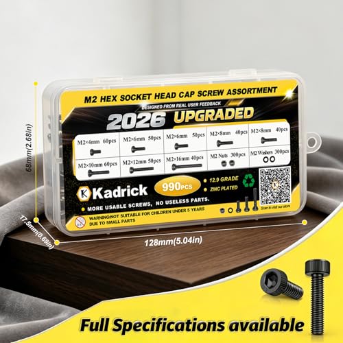 Kadrick M2 Metric Screws Kit 990PCS, Optimized Assortment with More Screws & Smarter Size Distribution, Class 12.9 Socket Head Cap Screws, Black Zinc Plated M2 Bolts for Electronics & 3D Printing - size: M2 990Pcs New