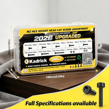 Kadrick M2 Metric Screws Kit 990PCS, Optimized Assortment with More Screws & Smarter Size Distribution, Class 12.9 Socket Head Cap Screws, Black Zinc Plated M2 Bolts for Electronics & 3D Printing - size: M2 990Pcs New