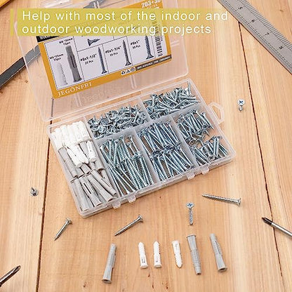 JEGONFRI 203PCS 5 Sizes Wood Screws Assortment Kit & 30pcs Wall Anchors | Hardened Steel, Zinc Coated, Rustproof, Sharp Threads Bite Fast, Fits Wood/Drywall/Plastic/Metal, Storage Box Included - style: Screws and Anchors