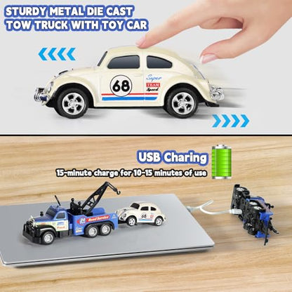haomsj Mini Rc Tow Truck Toy with Mini Metal Car Set 2PCS,City Service Vehicle Remote Control Tow Truck Toys for Kids Boys Gifts 3-5 4-7 8-12 Years Old, 1:64 Scale Cars Trailer Toy with Light(Blue) - color: Blue