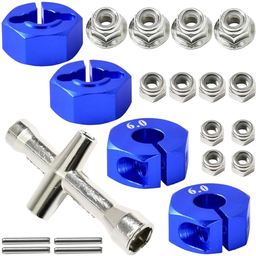 Aluminum 12mm Hex Wheel Hub 4Pcs w/Axle Pin M4 Flange Lock Nut Standard M3 M4 Nut 6mm Thickness Wheel Drive Adapter for 1/10 Traxxas HSP Redcat Rc4wd Tamiya Axial SCX10 WLtoy RC Car(25Pcs) - color: Blue, size: 6.0