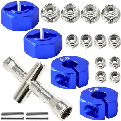 Aluminum 12mm Hex Wheel Hub 4Pcs w/Axle Pin M4 Flange Lock Nut Standard M3 M4 Nut 6mm Thickness Wheel Drive Adapter for 1/10 Traxxas HSP Redcat Rc4wd Tamiya Axial SCX10 WLtoy RC Car(25Pcs) - color: Blue, size: 6.0